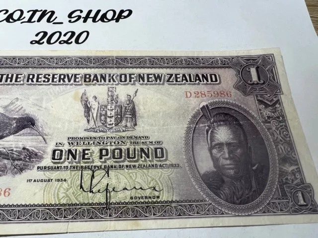 banknote - £1 Pound New Zealand 🇳🇿 1934 VF #198A 3