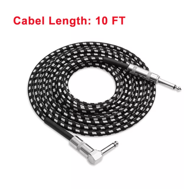 10FT Guitar Cable Right-Angle Tweed Cloth Woven Braided Cord 1/4 Instrument Wire