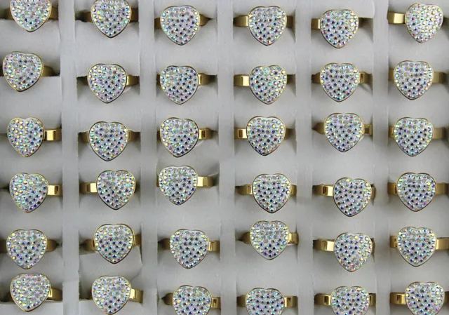 Wholesale Lots 36pcs Full Heart  Rhinestone Jewelry Stainless Steel Lady's Rings