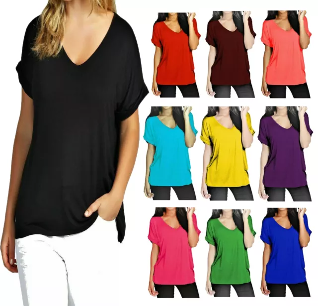 Women Baggy Oversized Loose Fit Turn up Batwing Sleeve Ladies V Neck T-shirt Top