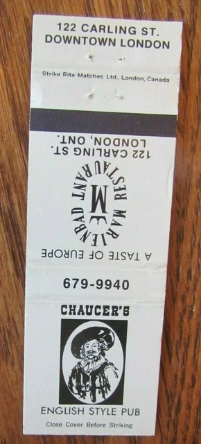 Cavalier Matchbook Matchcover: Chaucer's English Pub (London, Ontario) -E13