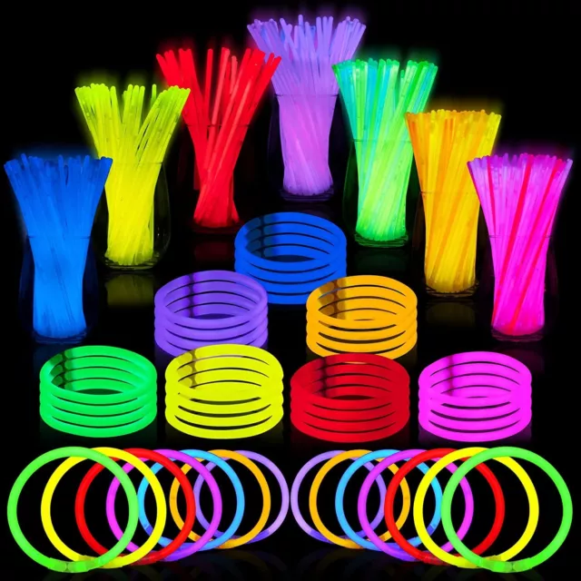 100 8'' Glow Sticks Bracelets Necklaces+Bracelet Connectors Neon 8 Colors Mix 6H