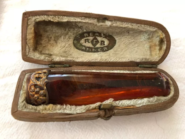 19th Century Real RFB Amber Honey Butterscotch Cheroot Cigar Holder Hinged Case