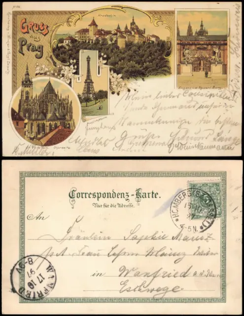 Postcard Litho AK Prag Praha Gruss aus.. Burg, Aussichtsturm 1897