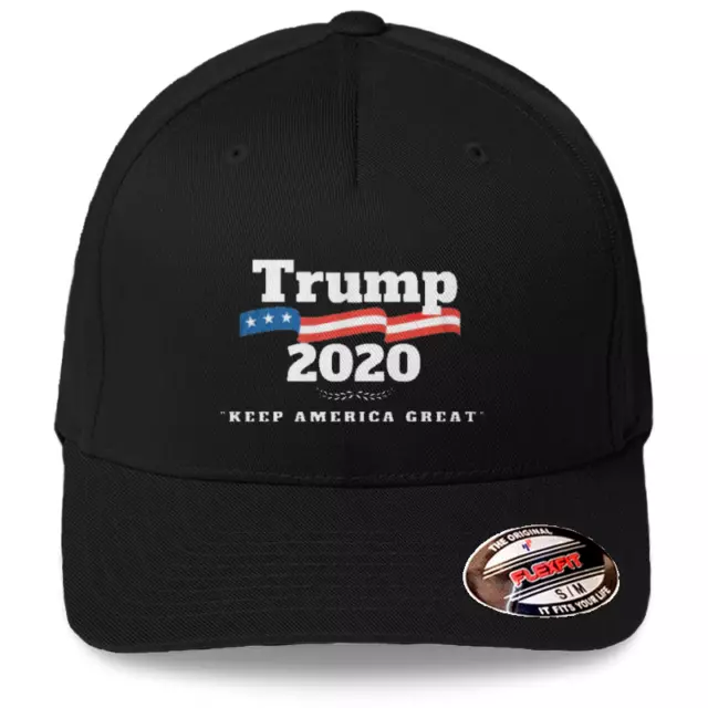 Trump 2020 -Keep America Great Hat Flexfit Black Baseball Cap Printed Emblem S/M