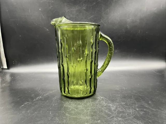 Vintage Pitcher  Avocado Green Glass W/ Ice Lip & Bamboo Drip Design Mid Century