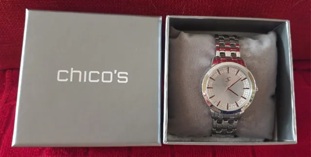 CHICO'S NEW IN BOX NIB $80 Women's Silvertone Metal Watch With Glitz Face