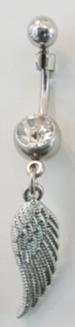 Belly Ring Wing w/Clear Gem Dangle Naval Steel Body Jewelry