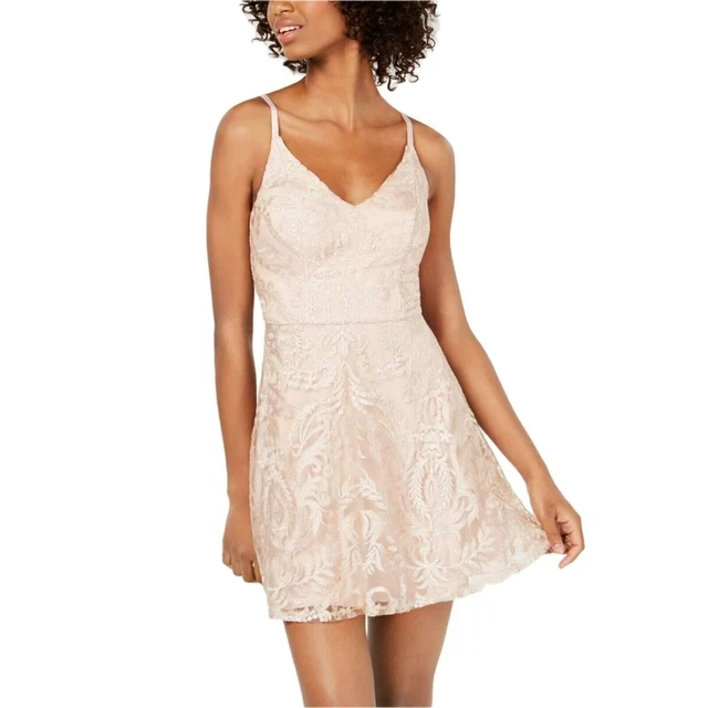 Speechless Junior's Shimmer Embroidered Fit & Flare Dress Beige Size 3