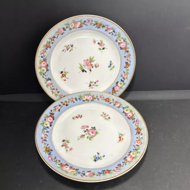 Stunning Antique 19thC Paris Porcelain Pair Of Hand Painted Soup Bowls 9 1/2”