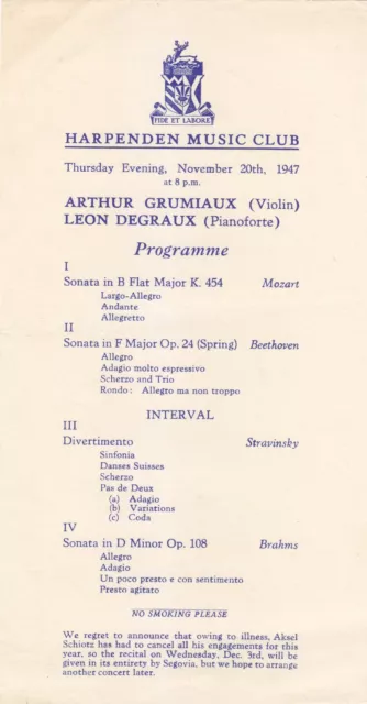 Concert Recital Programme 1947 Harpenden Arthur Grumiaux violin Leon Degraux