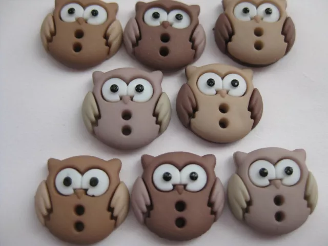 15mm Very Cute Taupe Brown Owls Novelty Craft Kids Baby  Sewing Buttons Set 8