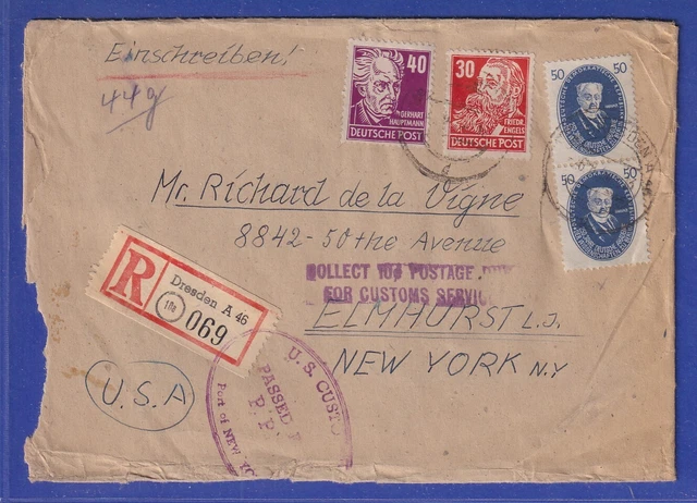 DDR 1950 Akademie 50Pfg ect. auf R-Luftpost-Brf aus Dresden gel. in die USA