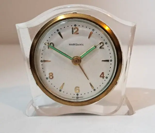 Vintage Lucite Alarm Clock by Marksman Mechanical Mid Century Clear