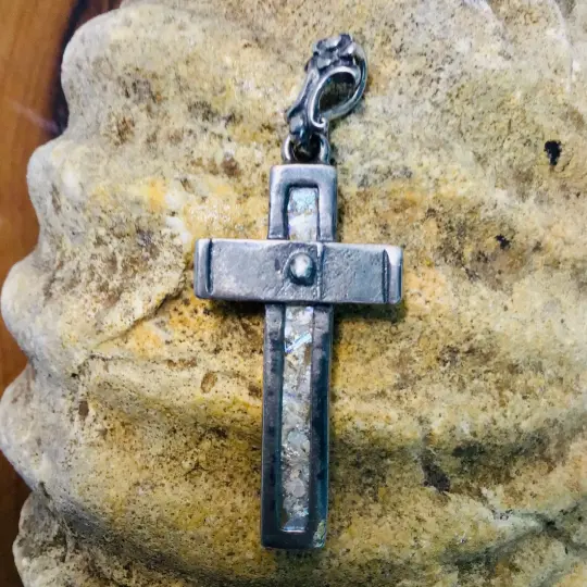 Hand Made 925 Sterling Silver Cross Pendant Necklace With Roman Glass
