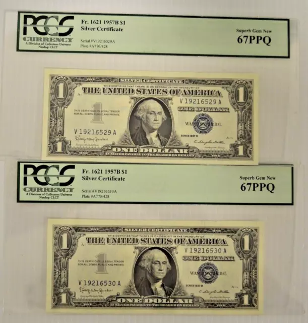 PCGS  PPQ GRADED 67,SUPERB GEM NEW (2) Sequential 1957 B $1 Silver Certificates
