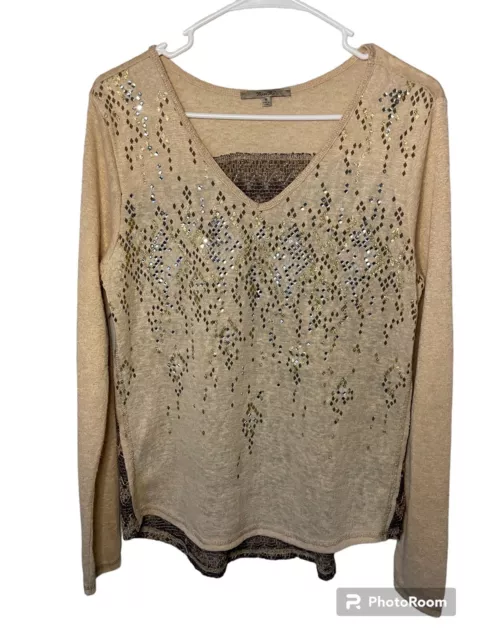 Miss Me Studded Crystal Long Sleeve Shirt Size Medium Tan brown