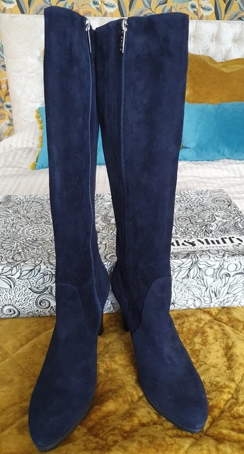 DUO TED Muffy Navy Blue Leather Suede Wide Calf Knee High Boots Size 8 New 120.00 PicClick UK