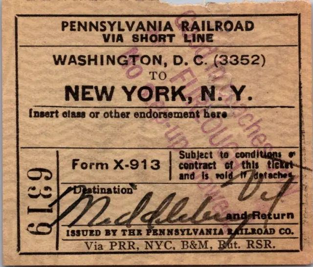 1945 Pennsylvania Railroad via Short Line train ticket NY City to Middlebury VT