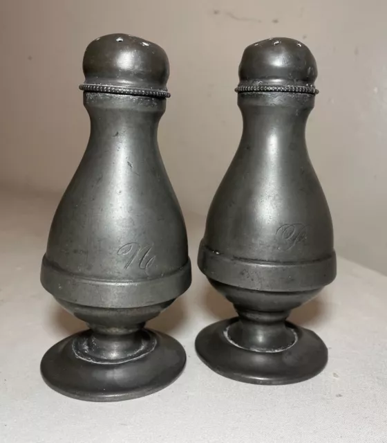 LARGE pair of 19th century handmade engraved pewter salt and pepper shakers