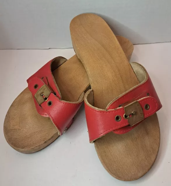 Vintage 70s Dr Scholl's Red Leather & Wood Exercise Sandals Shoes Size 7 Austria