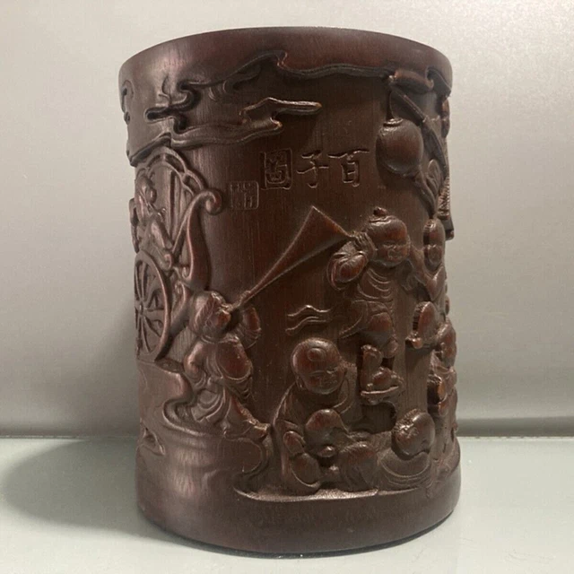 Chinese Old Bamboo Carved Exquisite Children Brush Pot Office Supplies Decor Art