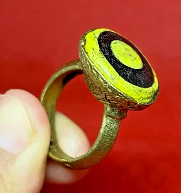 Old Ancient Tibetan Dzi Bead Tibet Rare Stone Antique Genuine Ring Golden Color
