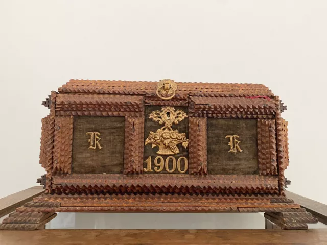 A Superb Antique Tramp Art Casket With Gilt Regal Decorations Dated 1900