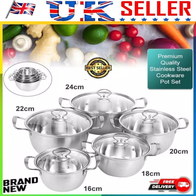 5X Stainless Steel Casserole Stockpot Pans Set With Glass Lids Kitchen Cookware