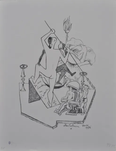Jean Cocteau: Ricordi Di Venezia, Litografia Originale Firmato, 1956