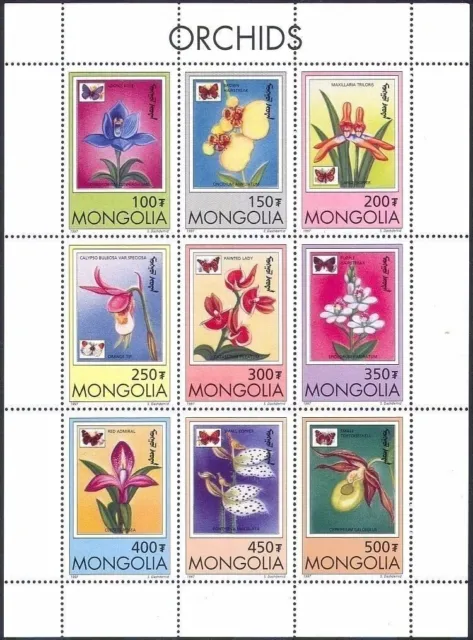 Mongolia 1997 Orchids Flowers Plants Butterflies Insects Nature 9v sht MNH
