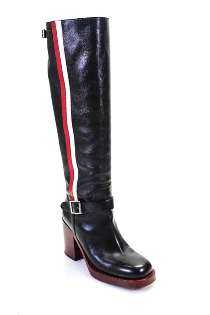 Christian Dior Womens Leather Stripe Block Heel Riding Boots Black Red Sx 40 10