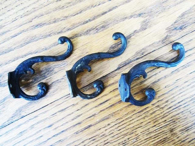 3 Primitive Cast Iron Wall Coat Rack Hooks Ornate Victorian Hall Tree Hat Holder