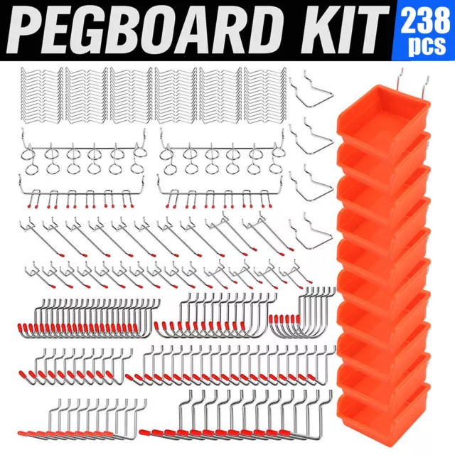 238X Pegboard Hooks Set Bins Peg Board Storage Organizer Workshop Garage Hanging