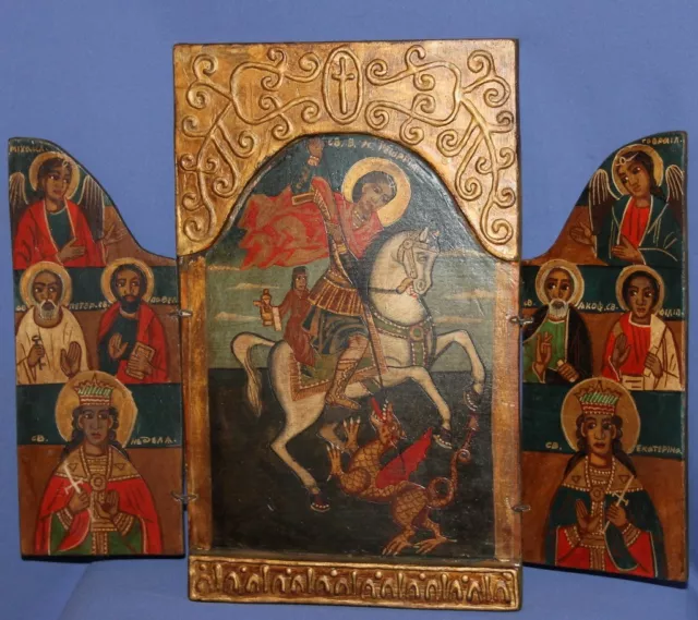 De Colección Icono Ortodoxo Pintado A Mano Tríptico San George