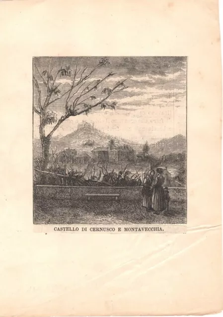 Stampa antica CERNUSCO e MONTEVECCHIA Brianza Lecco 1874 Old antique print