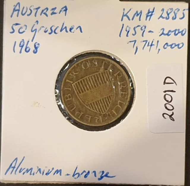 1968 Austria, 50 Groschen KM#2885, Austrian escutcheon (obv) Gentian (2001D)