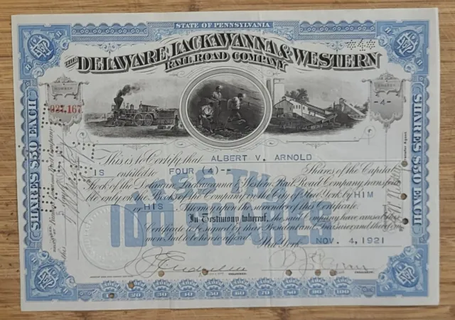 Stock Certificate Delaware Lackawanna Western  Railroad Railway Blue