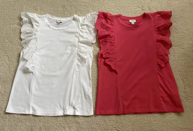 Lot of 2 J Crew Flutter Ruffle T-Shirt Top Boho 100% Cotton Medium FREE SHIPPING