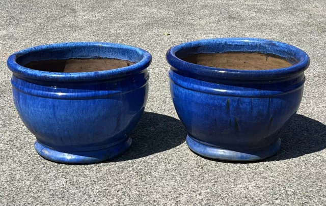 Ceramic Blue Pair Of Large Plant Pots. Very Good Quality.