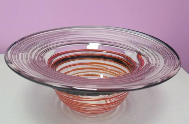 Vtg Hand Blown Murano Style Art Glass Swirl Hat Bowl 10" Red, Black, Clear