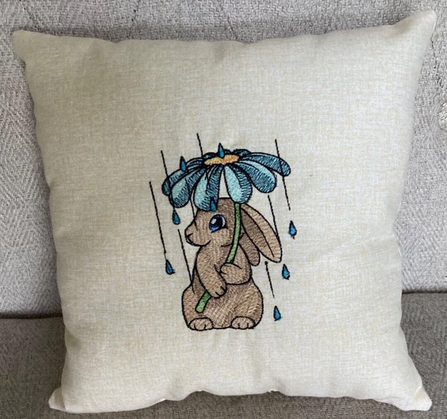 Bunny in the Rain Machine Embroidered Nursery Accent Pillow 8" X 8" Baby Gift