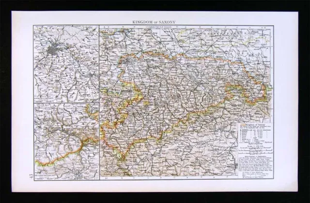 1900 Times Map Kingdom of Saxony Dresden Leipzig Freiberg Bautzen Chemnitz Hof