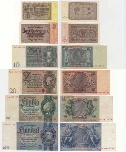 3.Reich, Banknotenlot in den Werten von:  1, 2, 10, 20, 50, 100 Reichsmark ~1903