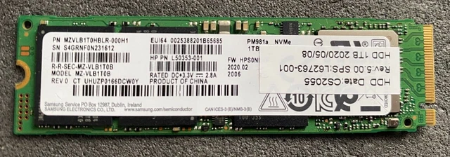 SAMSUNG PM981A NVME 1 TB , P/N MZVLB1T0HBLR-000H1 SSD , TESTED £49.99 ...