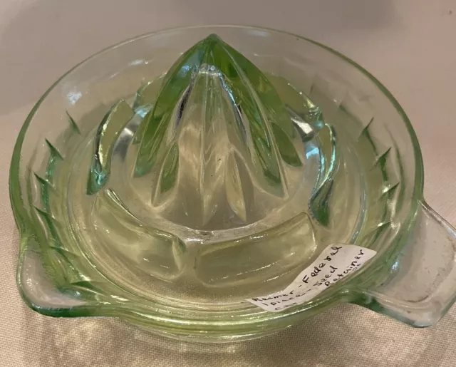 Vintage Depression Glass Green Uranium Vaseline Reamer Juicer W/Seed Retainer