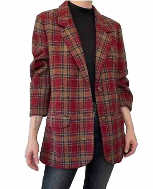 Eddie Bauer Vintage 90’s 100% Wool Red Tartan Plaid Blazer-Oversized Size S-EUC