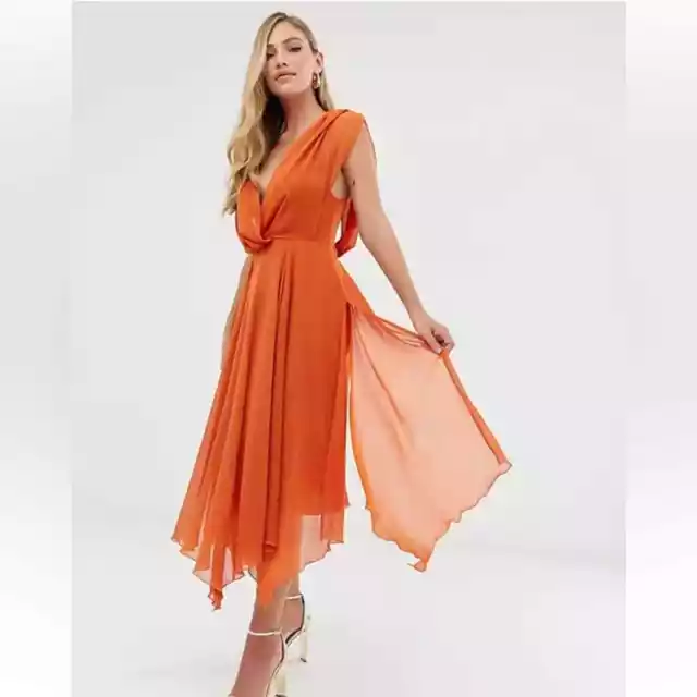 ASOS DESIGN Wrap Bodice Midi Dress with Drape Back in Orange Women's Size 4