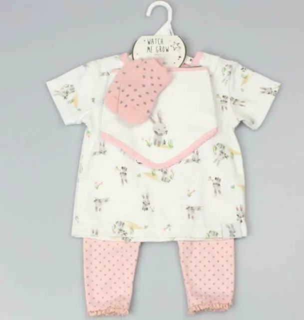 Baby Girls Bunny Outfit 4 Piece T-Shirt Leggings Bib & Socks Set 0-3 3-6 Month