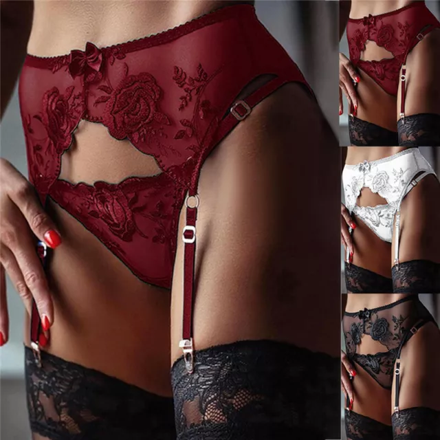 Women's Floral Lace Suspender Belt Garter Sheer Thong Panties Adjustable❤